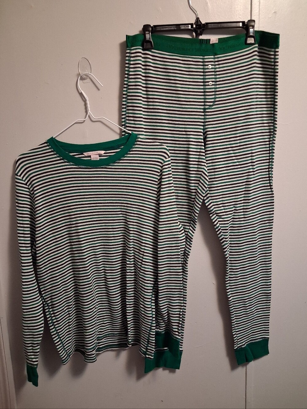 Victoria's Secret Green & White Striped Pajama Set - Long Sleeve
